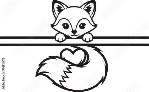 A whimsical illustration of a fox peeking over a horizontal line with a heart Vector