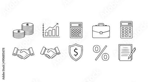 Business Icons Set: Finance, Handshake, Growth Chart, Calculator, Briefcase, Shield