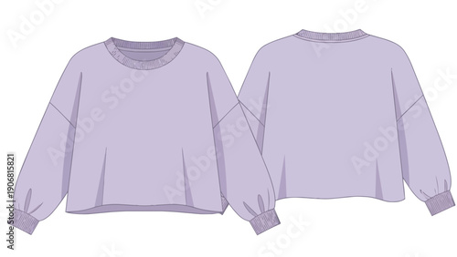 Lavender crew neck sweatshirt flat technical drawing. Features relaxed fit, dropped shoulders, and snug ribbed cuffs. Perfect for modern casual