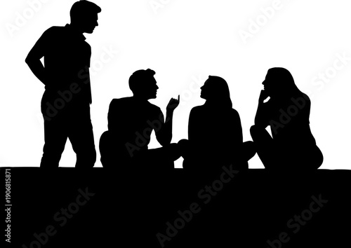 Silhouette of four people in conversation on a white background