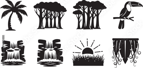 A collection of tropical and jungle-themed icons and symbols Vector