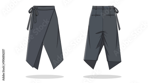 Fashion illustration of unique dark gray wide-leg wrap-style pants with an asymmetrical hemline and tie closure, shown from front and back design