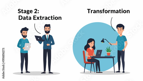 Data extraction and transformation visualized with illustrations and text