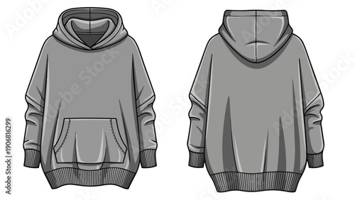 Oversized grey pullover hoodie technical fashion drawing depicting front and back views of a versatile streetwear garment Detailed illustration and