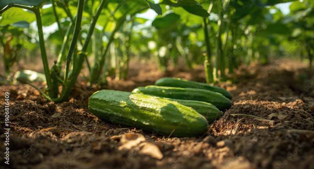Obraz premium Green cucumber harvest showcasing fresh vegetables on soil under vibrant leafy canopy