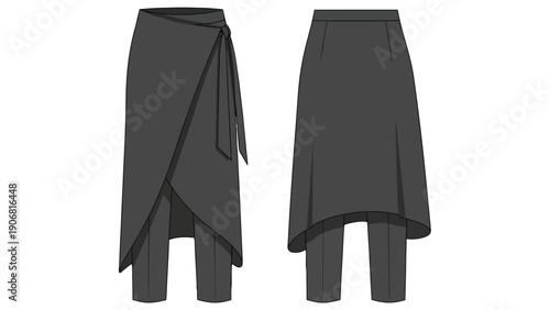 Modern dark gray wrap-front skort technical illustration. Elegant apparel blends a flowing skirt with tailored trousers, offering versatile chic for