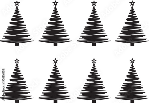 Eight black and white christmas trees with stars on top Vector
