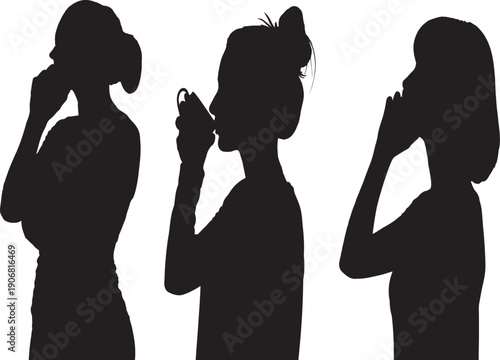 Three women silhouettes talking on phones