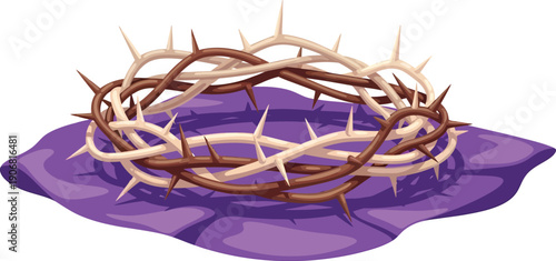 A crown of thorns, a religious symbol, resting on a purple fabric. Symbolizing Good Friday
