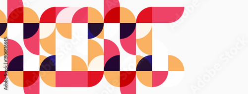 Abstract geometric pattern. Circles, semicircles create colorful, repeating design. Pink, orange, purple hues dominate composition. Modern aesthetic.