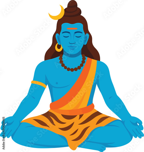 Cartoon illustration of Lord Shiva meditating in Padmasana pose with blue skin and traditional attire.