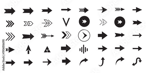 Vector mega set of black right arrow icons, collection of diverse navigation pointers and next button symbols for web and mobile app UI design.