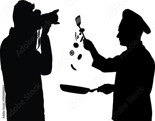 Silhouette of a chef and a cameraman in a kitchen setting with flying food