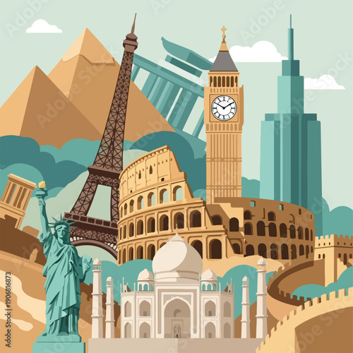 Colorful travel illustration features landmarks around the globe