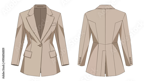 Contemporary women's single-button beige blazer flat sketch design illustrating precise front and back views for fashion templates and clothing