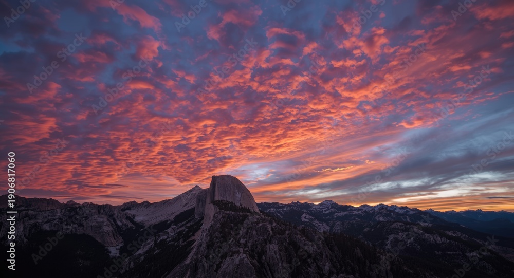 Fototapeta premium Beautiful twilight sky filled with glowing clouds above rugged mountain peaks at sunset