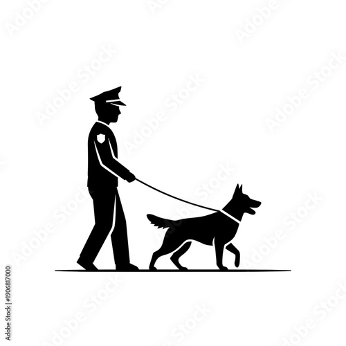 Police Officer with K9 Dog Silhouette – Law Enforcement Patrol Vector Illustration