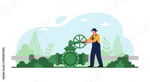 Worker operates large industrial valve on pipeline, environmental concept illustration