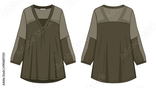 Detailed flat technical sketch showcasing a versatile women's long-sleeve v-neck tunic blouse with contemporary color-block design and comfortable