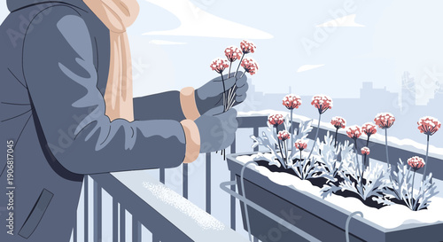 Woman's Hands Holding Pink Flowers on Snowy Balcony, Winter Garden Illustration