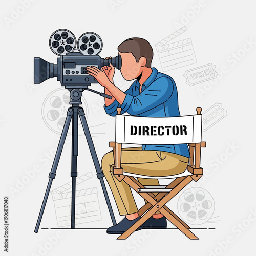 Film Director with Camera on Tripod Movie Production Set Vector Illustration