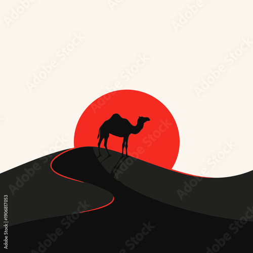 Camel Silhouette in Desert Sunset Landscape Travel Vector Illustration