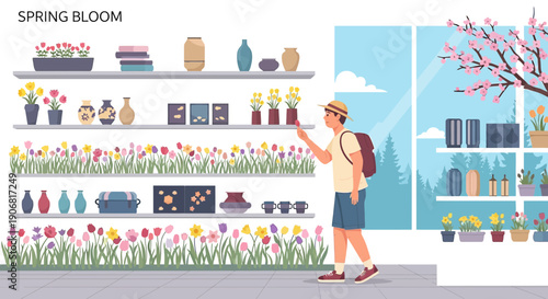 Young Man Shopping for Spring Flowers in a Botanical Store