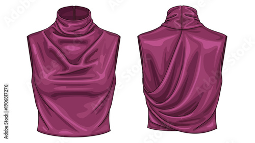 Elegant sleeveless cowl neck top vector illustration in deep magenta showcasing front and back views for fashion apparel design and technical