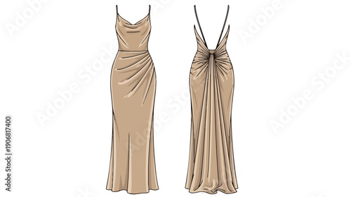 Elegant Women's Evening Gown Fashion Illustration with Draped Silhouette and Open Back Design