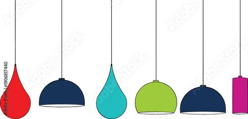 Modern Hanging Pendant Lamp Set with Colorful Ceiling Lights for Interior Design, Home Decor, Lighting Concepts, and Minimal Vector Illustrations