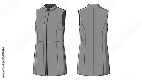 Sleek Sleeveless Stand Collar Tunic Fashion Flat Technical Sketch Front and Back Views