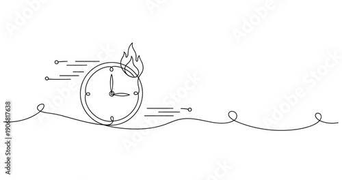 Minimalist line art of clock on fire symbolizing time pressure and urgency. None editable stroke