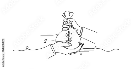 Line art of handing over money bag symbolizing financial transaction. None editable stroke