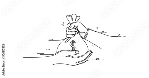 Line art illustration of two hands exchanging money bag with dollar symbol. None editable stroke
