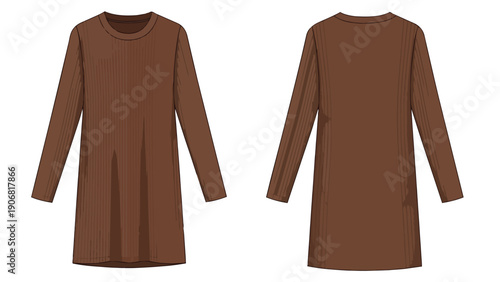 Elegant brown ribbed long-sleeved tunic dress flat vector illustration fashion design asset