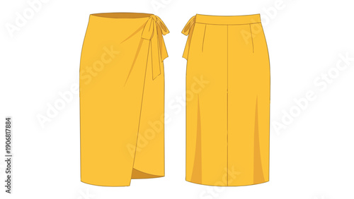 Vibrant yellow wrap midi skirt fashion flat with tie waist detail, front and back views, for apparel design.