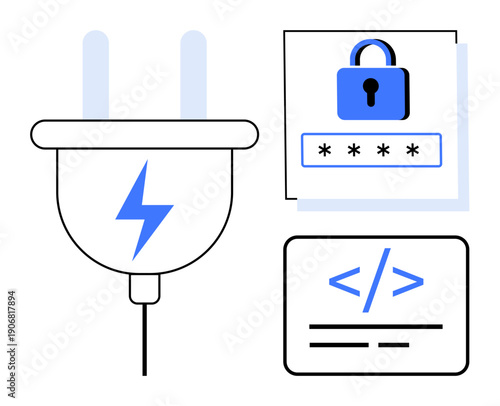 Cybersecurity, data encryption, software development, technology infrastructure, secure access, authentication. Power plug, padlock over password and code snippet. Cybersecurity and secure access