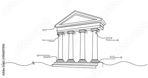 Continuous line drawing of classical greek temple with columns and pediment. None editable stroke