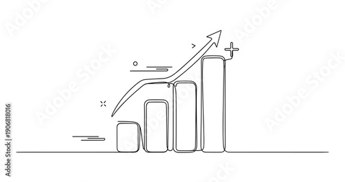 Line drawing of ascending bar chart and arrow illustrating financial growth. None editable stroke