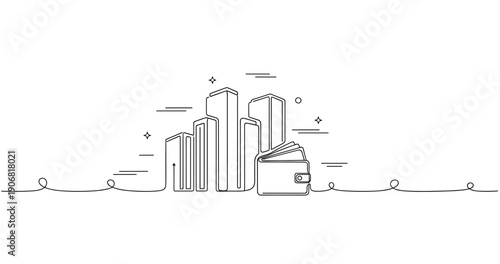 Minimalist skyline with wallet symbolizing urban finance and economics. None editable stroke