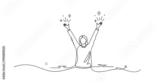 Minimalist line art of person raising hands with sparkles, celebrating joy. None editable stroke
