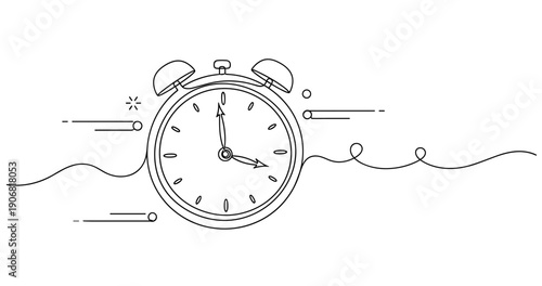 Minimalist line art of a classic alarm clock with motion lines for timeliness concept. None editable stroke