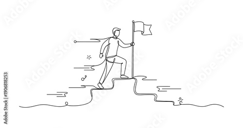 Line art of male climbing mountain with flag: symbol of achievement and success. None editable stroke