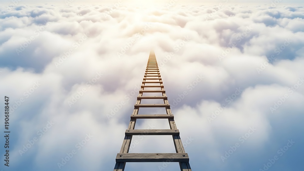 Fototapeta premium Wooden Ladder Extending into Cloudy Sky Landscape