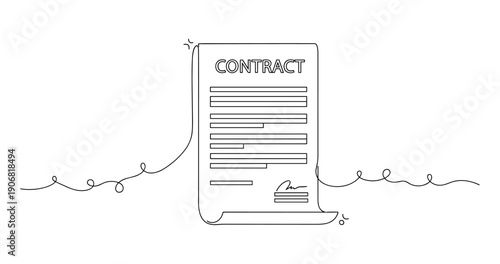 Minimalist line art of a legal contract document with signature. None editable stroke