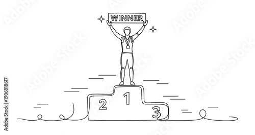 Female champion celebrating victory on podium holding winner banner with medal. None editable stroke