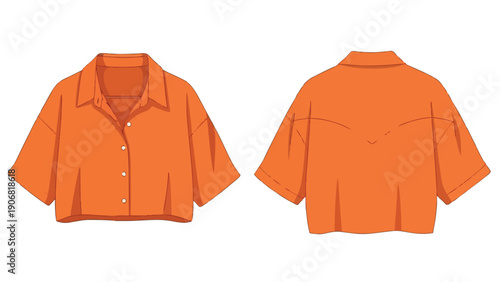 Dynamic orange casual short-sleeve crop top illustration detailing front and back for fashion design a comfortable collared blouse with button