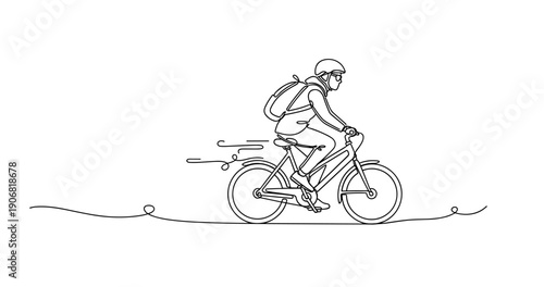Continuous line drawing of young female bicyclist riding swiftly with backpack. None editable stroke