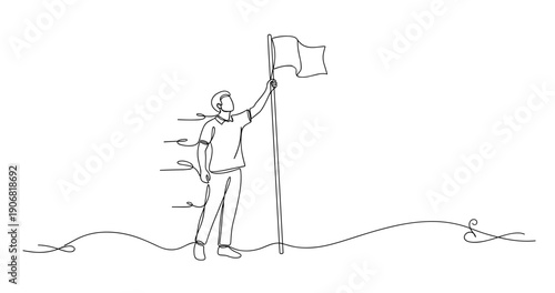 Minimalist sketch of adult male raising flag on hilltop with determination. None editable stroke