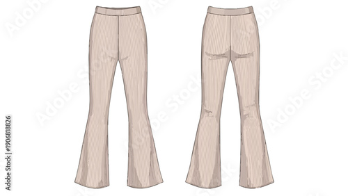 Fashion flat illustration of elegant ribbed flared pants, showcasing timeless vintage-inspired design for modern wardrobe comfort and style.